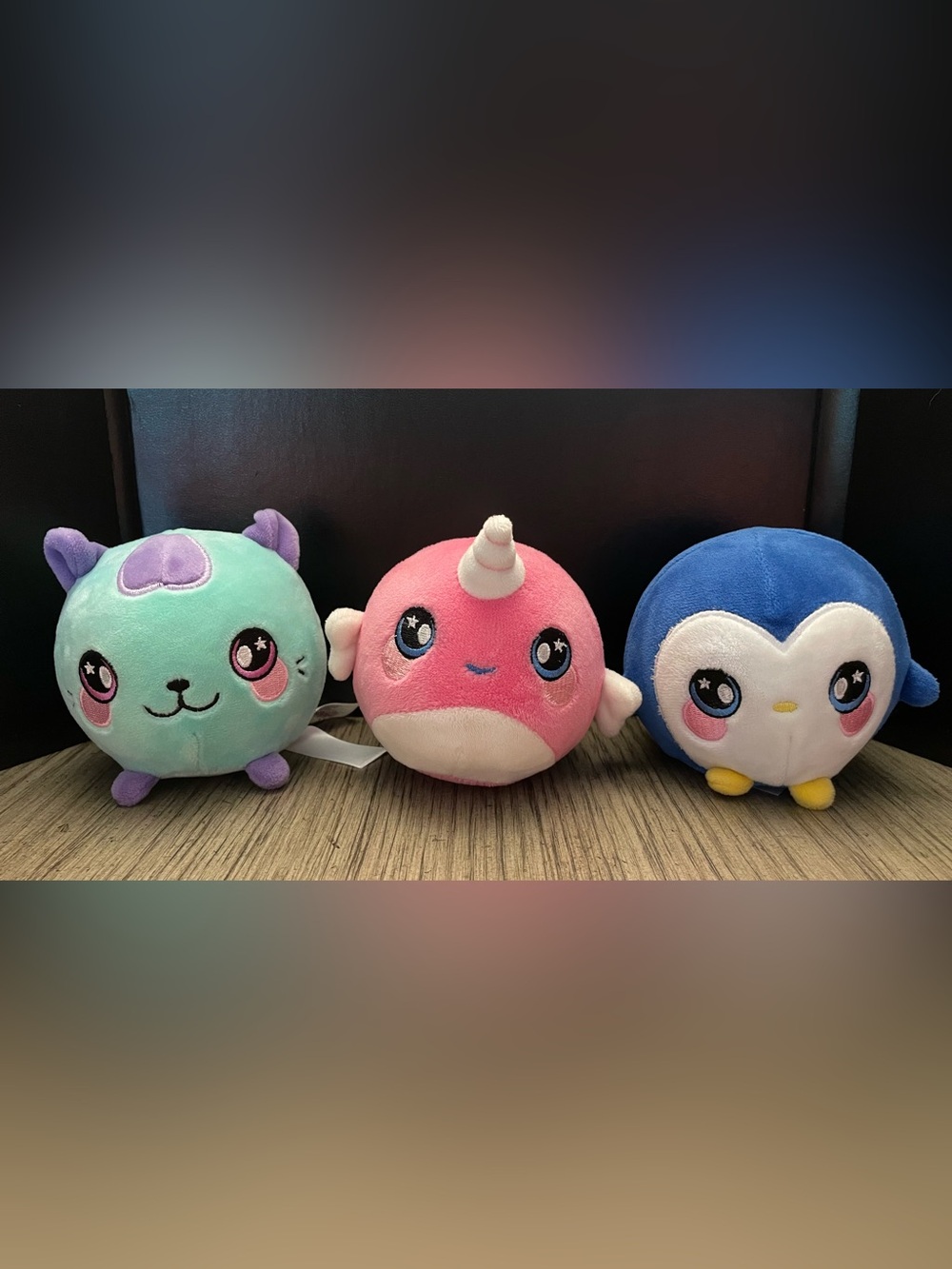 Squeezamals, set of 3, penguin, narwhal and cat.